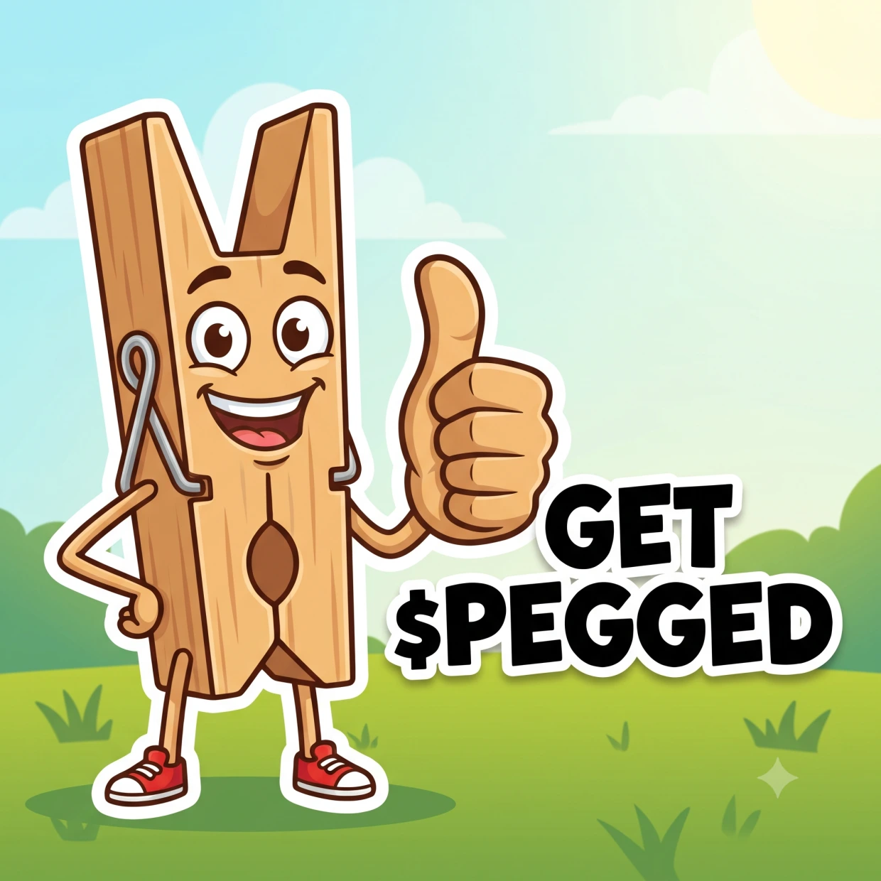 The $PEGGED clothespin mascot giving a thumbs up